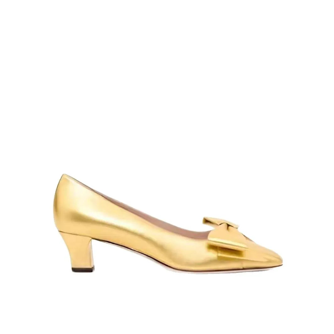Four Seasons Wear Bowknot Decorative Thick Heel Single Shoes French Temperament Shoes Shallow Toe Slip On