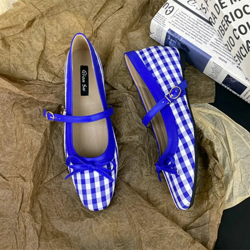 High Quality Checkered Design Mary Jane Shoes Inner Height Increase Flat Ballet Shoes Comfortable Soft Bottom