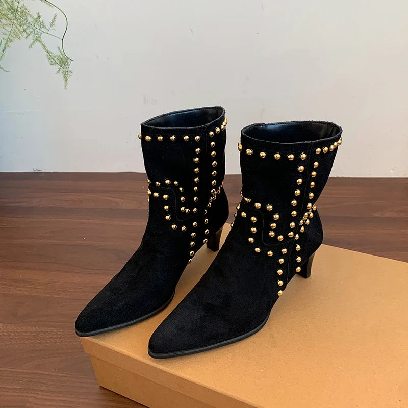 Street Style Pointed Toe Ankle Boots Slip On Square Heels Shoes Modern Short Booties