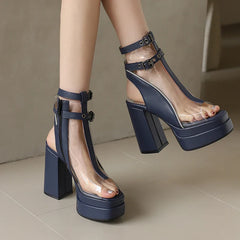 Brand Chic Thick Platform 12cm Super High Heels Ankle Boots Peep Toe Transparent Belt Buckle Slingback Shoes