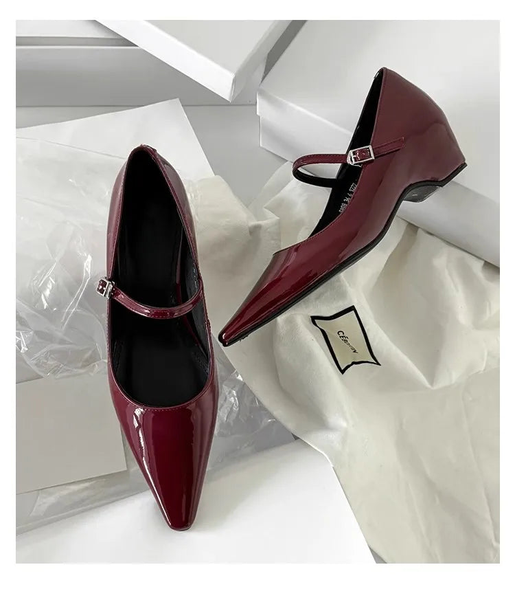 Pointed Toe Shoes Buckle Strap Solid Color Retro Brand 5CM High Heel Shallow Concise