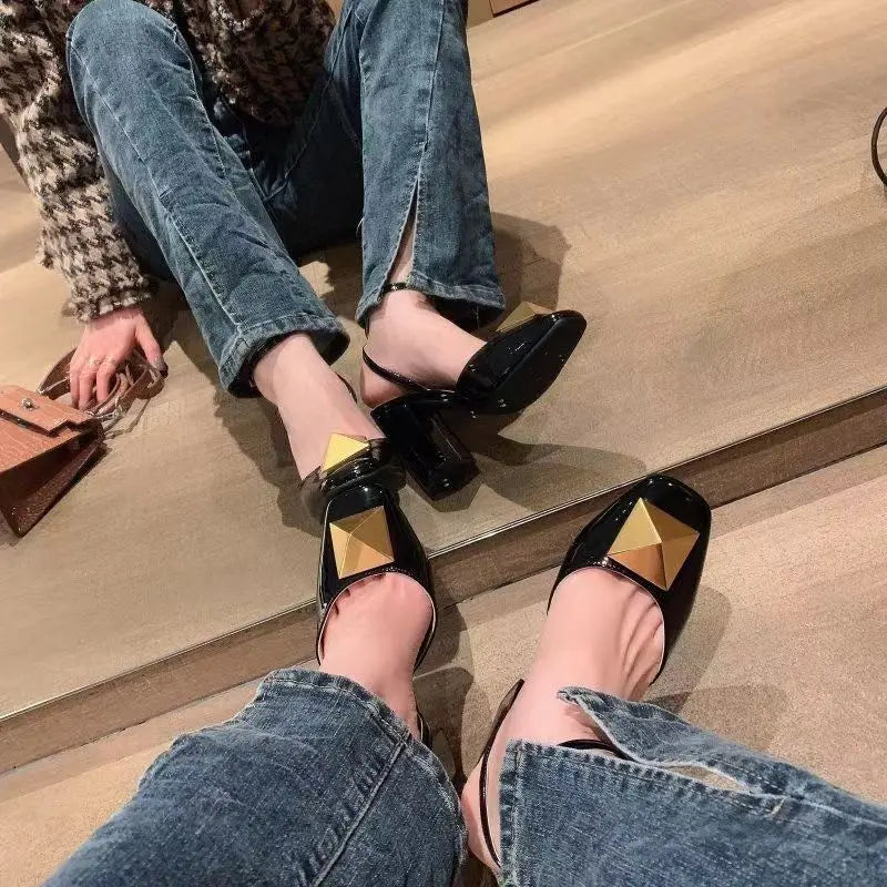 Rivet High Heel Sandals Woman Chunky Heel Sandals Heel Hollow High Heel Shoes Big Rivet Shoes