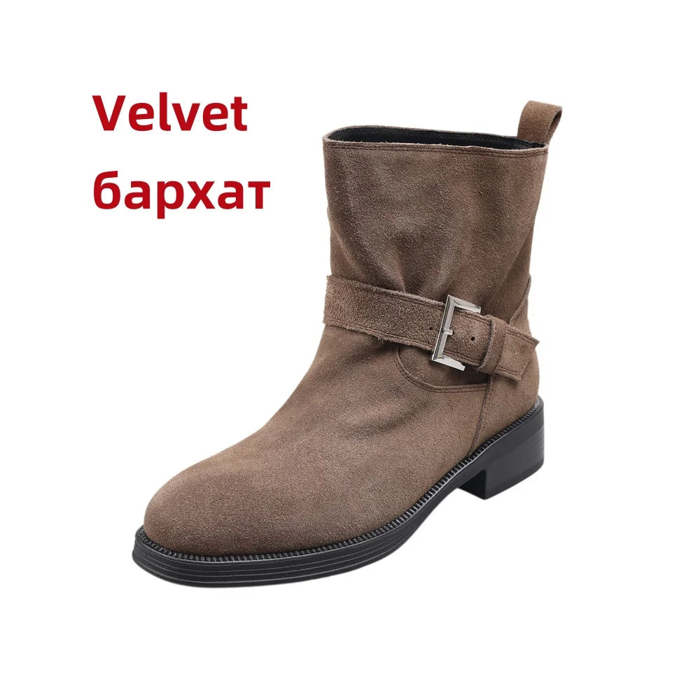 Ankle Boots Cow Suede Round Toe Motorcycle Boots Thick Low Heels Warm Shoes Buckles Boots