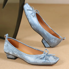 genuine leather square toe slip-on flats slim single shoes sweet bowtie retro daily footwear soft comfort shoes