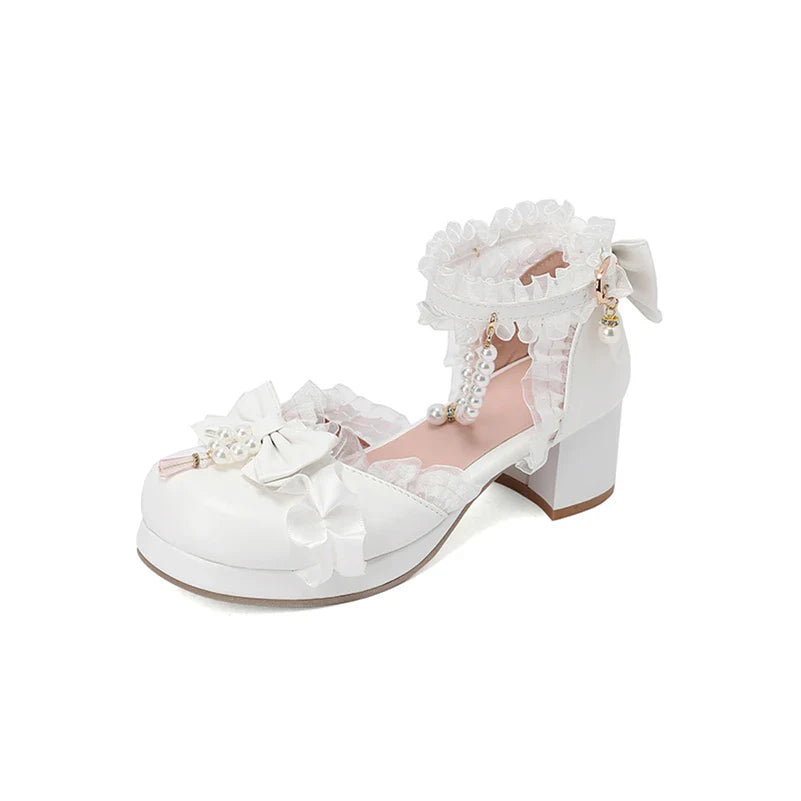 Kawaii Ankle Strap Lolita Pumps Round Toe Platform Thick Mid Heel Buckle Bow Bead Cosplay Lady Shoes Autumn