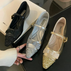 Bling Butterfly-knot Mary Jane Shoes Elegant Flat Shoes Shallow Comfort Increased Internal Brand