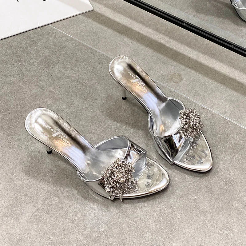 Rhinestones Super High Heels Pumps Shoes Slides Round Toe Party Thin Heels Shoes