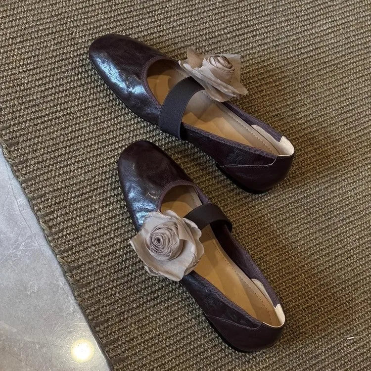 Brown Leather Mary Jane Flats Square Toe Elastic Strap Flower Decoration Stylish Footwear