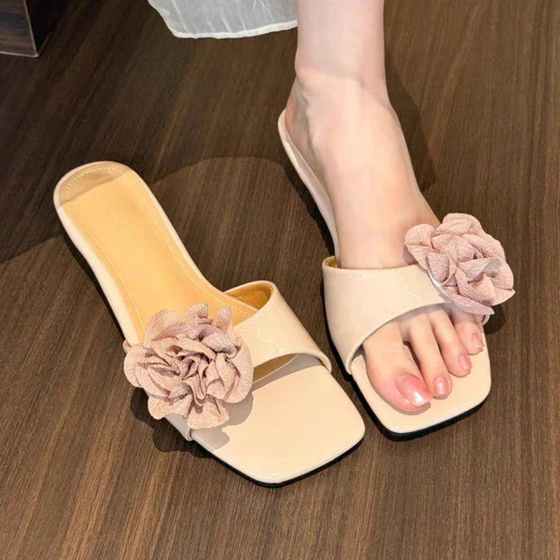 Flower Slippers Square Toe Flats Sandals Elegant Slingback Slides Mujer Flip Flops
