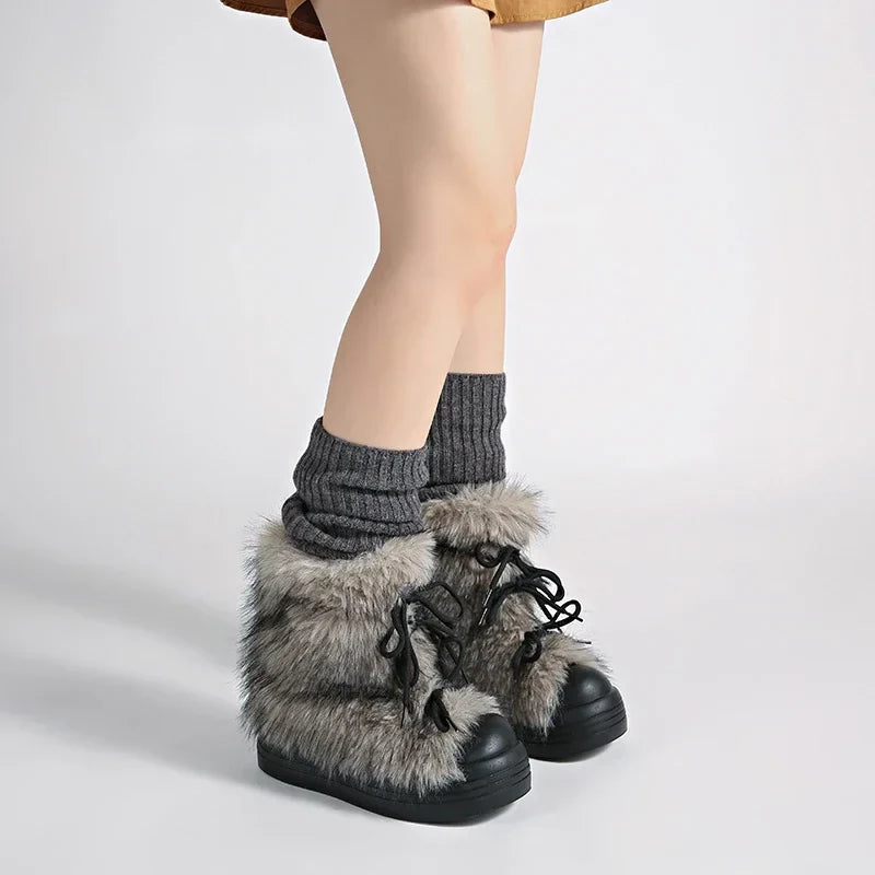 Furry Lace Up Snow Boots Concise Height Increase Shoes Thick Sole Warm Cotton Short Booties Zapatos De Muje