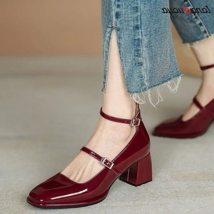 heels Shoes Mary Jane Shoes Woman Pumps Patent Leather High Heels Red Wedding Shoes Double Buckle
