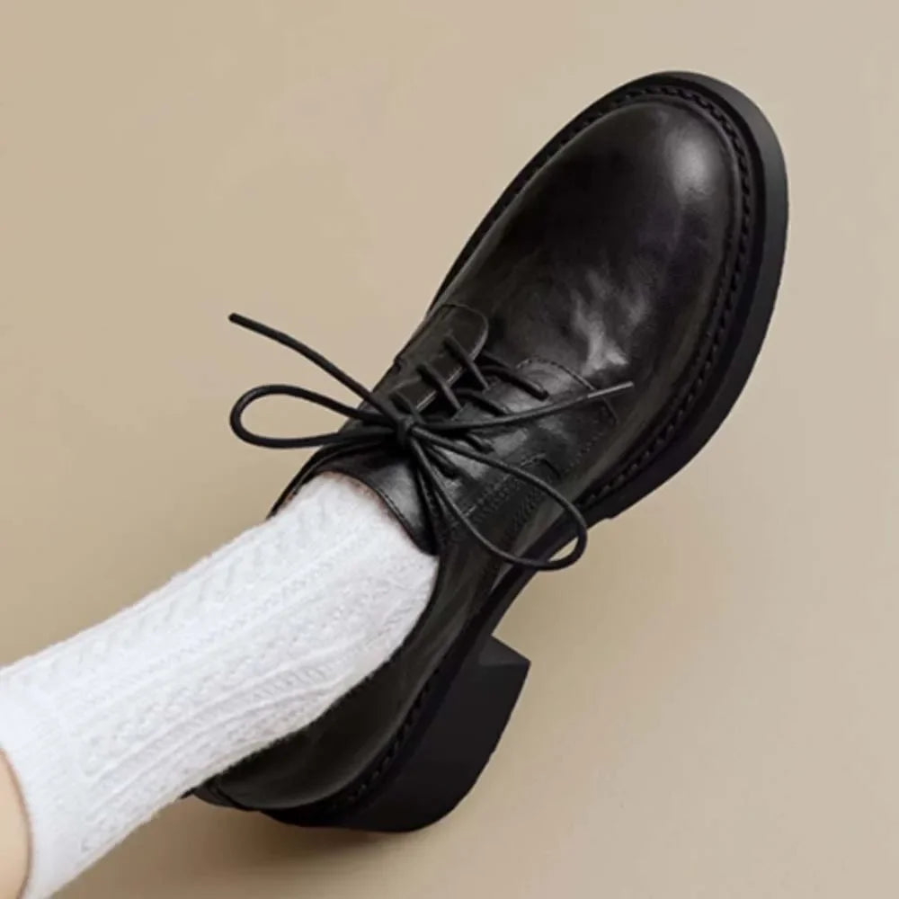 Womens Cowhide Lace Up Flat Shoes Oxford Round Toe Retro British High-Quality Soft Comfortable All Season Daily Shoes