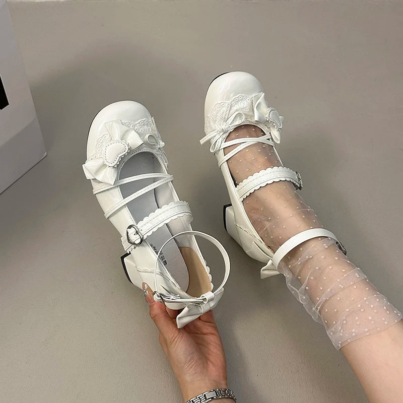 Butterfly-knot Lolita Mary Jane Shoes Elegant Round Toe Thick Heel Shoes Dress Pumps