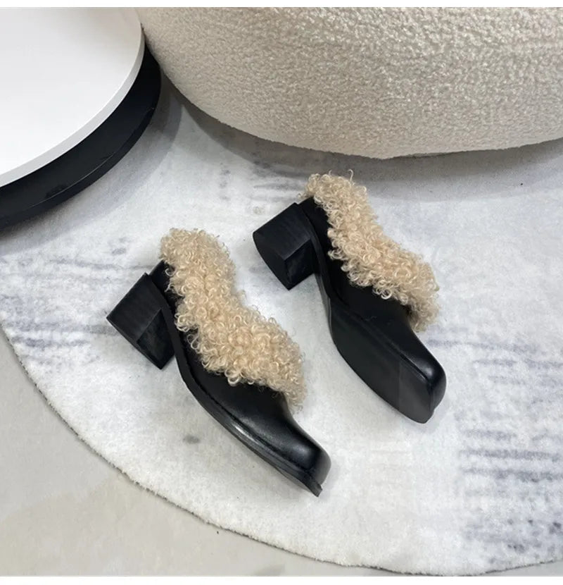 Ins style Square toe Patent Leather Wool Warm High heels Loafers Casual Girls Chunky Shoes