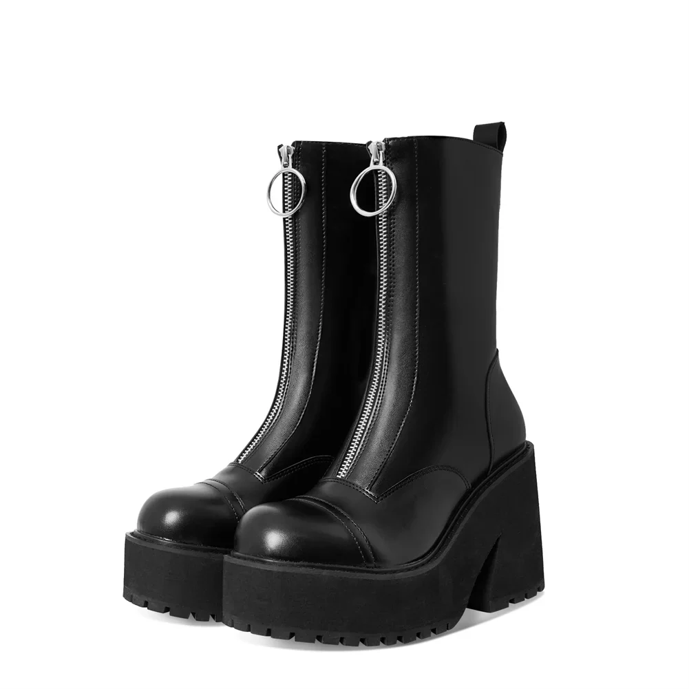 Platform Chunky High Heeled Knee High Boots Cool Round Toe Cute Sweet Heeled Boots Gothic Uniform