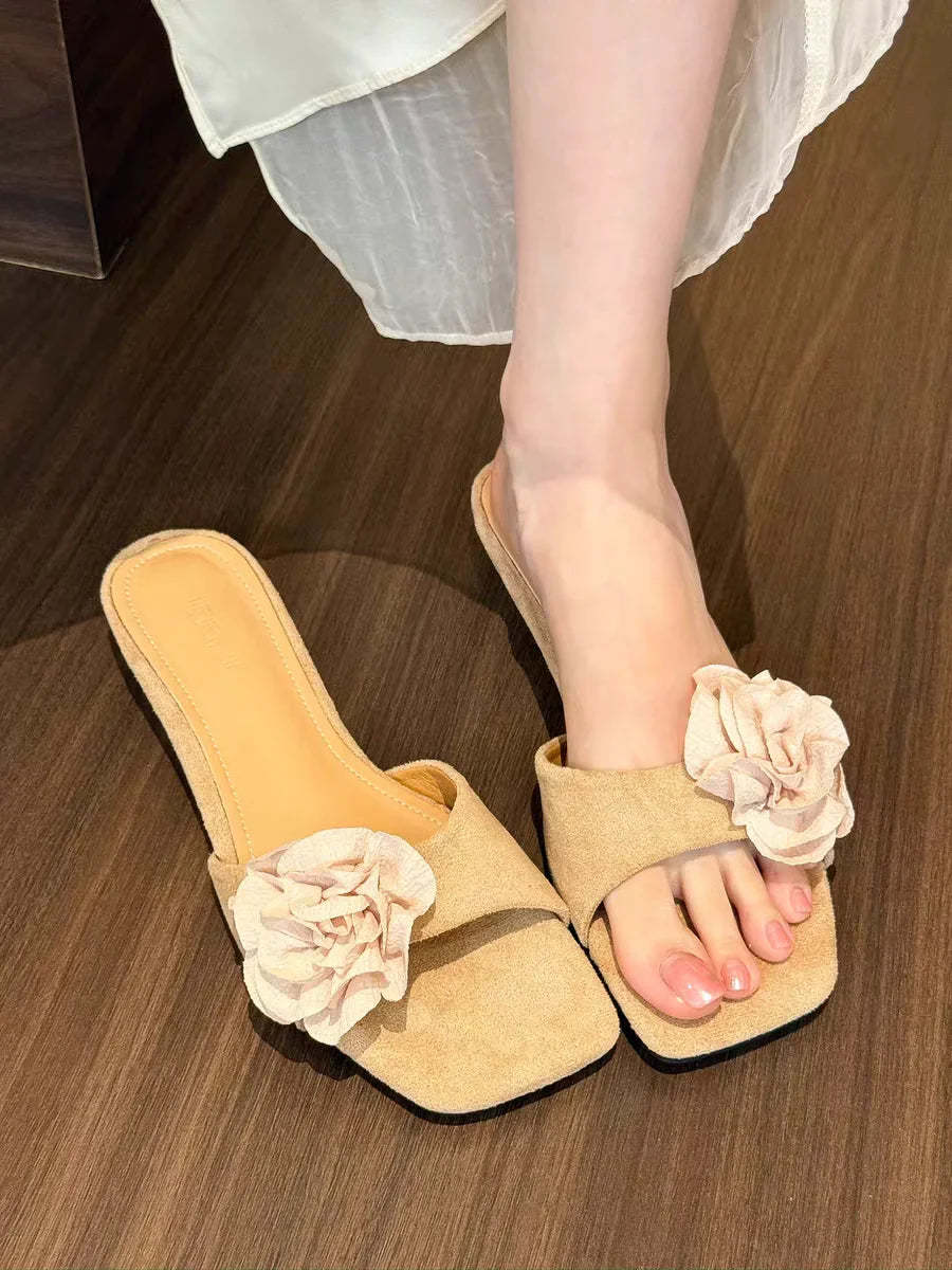 Flower Slippers Square Toe Flats Sandals Elegant Slingback Slides Mujer Flip Flops