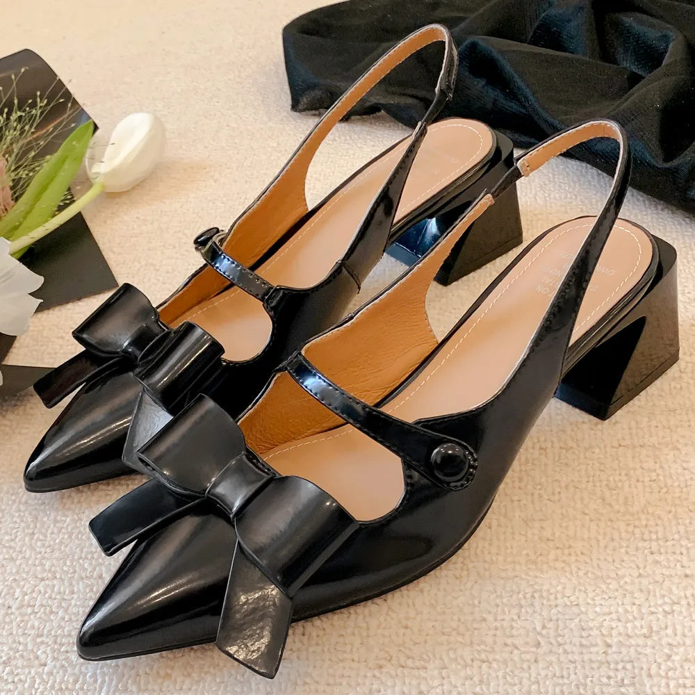 genuine leather thick high heel pointed toe slip-on pumps sweet bowtie korean style heeled sandals shoes