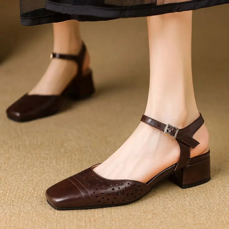 Vintage Square Toe Thick Heels 3.5cm Buckle Strap Breathable Small Size 31 32 33 Sweet Daily Shoes