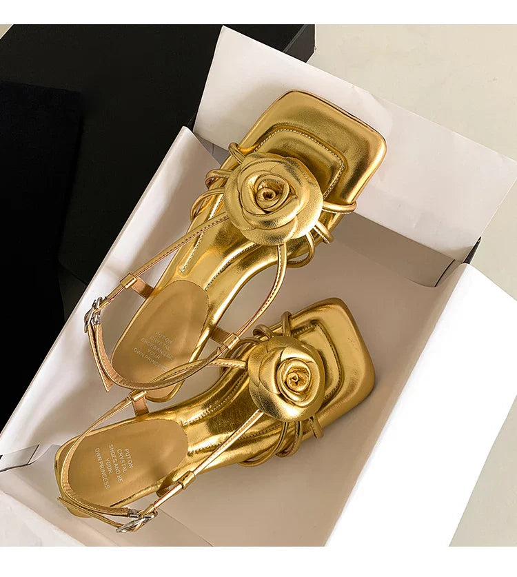 Open Toe Camellia Flower Sandals Square Toe Hollow Strappy Daily Casual High Heels Beach Shoes