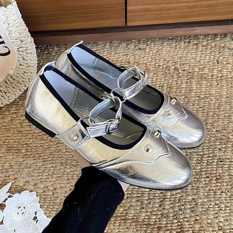 Rivet Decoration Mary Jane Shoes Retro Square Toe Comfort Soft Sole Ballet Flats Belt Buckle Shallow Shoe