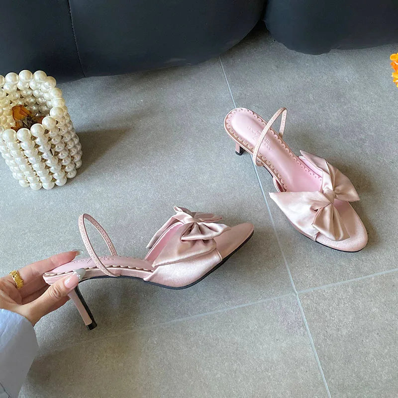 Butterfly-Knot Thin Heels Sandals Shoes Round Toe Footwear Elegant Heeled Sandals Slides Shoes