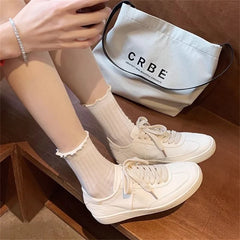 Versatile Breathable Classic Solid Color Round Toe Soft Leather White Flat Sneakers