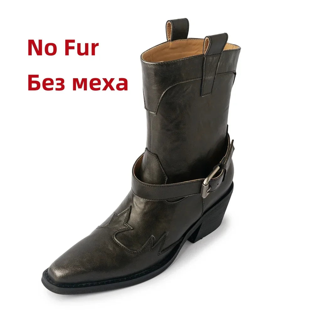 Ankle Boots Genuine Leather Chunky High Heels Shoes