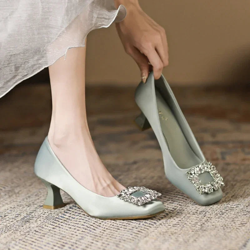 Rhinestone Satin Pumps Square Button Low Heel Office Shoes Elegant Crystal High Heels