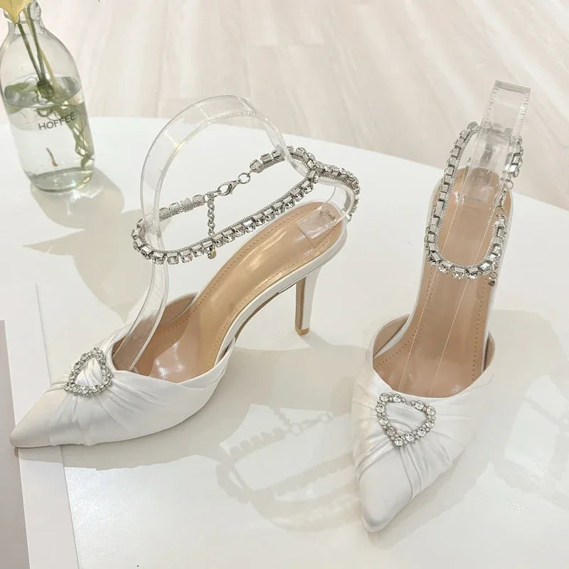 Elegant Crystal Buckle Strap Pointed Toe Prom Thin Heels Sandals Mule Party Shoes
