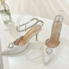 Elegant Crystal Buckle Strap Pointed Toe Prom Thin Heels Sandals Mule Party Shoes