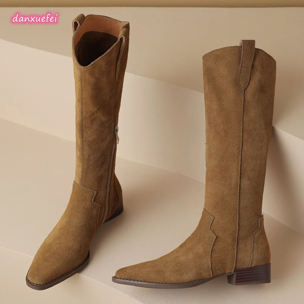 Natural Suede Leather Square Toe Side Zip Knee High Western Boots Casual Long Boots Shoes