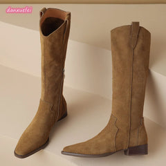 Natural Suede Leather Square Toe Side Zip Knee High Western Boots Casual Long Boots Shoes