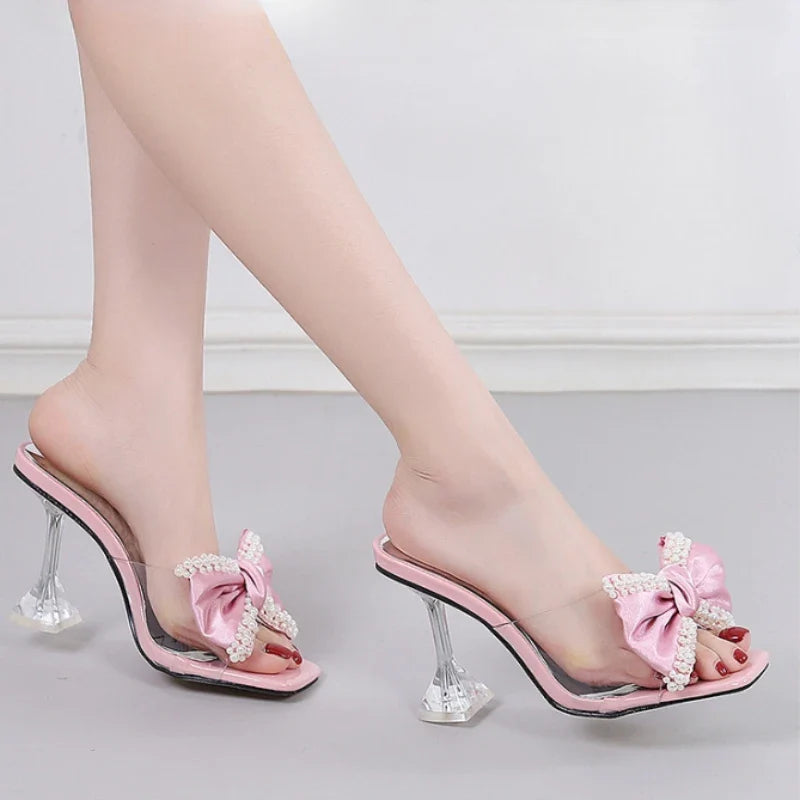 Pearl Bow Slipper Transparent PVC High Heeled Non Slip Mule Shoes