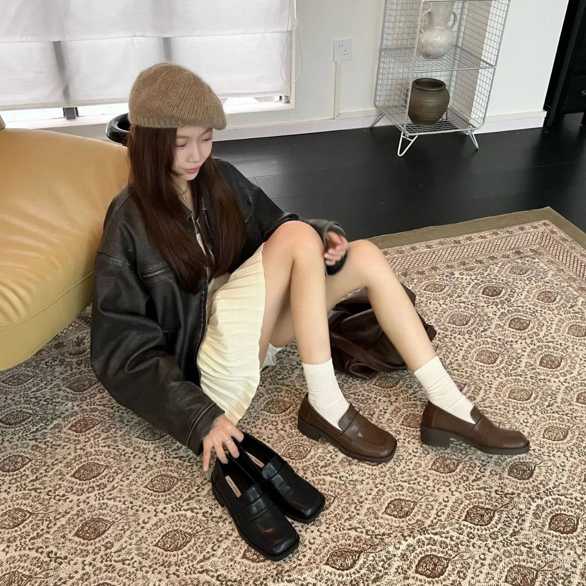 Size 34-40 PU Real Leather Loafers Casual Flats Shoes Low Heels Vintage Office Lady Daily Dress