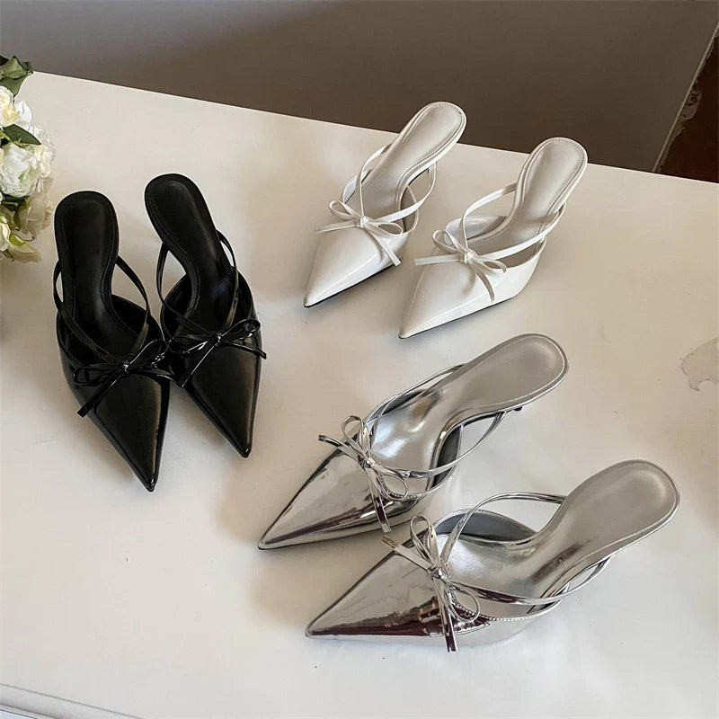 Silver White Butterfly-knot Pointed Toe Slippers Shoes Elegant Party Dress Thin Heels Sandals