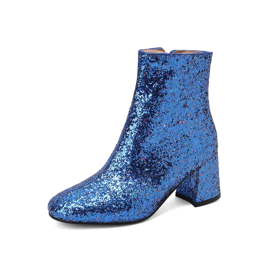 Big Size 48 49 50 Gold Silver Blue Sequined Cloth Glitter Shoes Chunky High Heels Bling Party Ankle Chelsea Boots