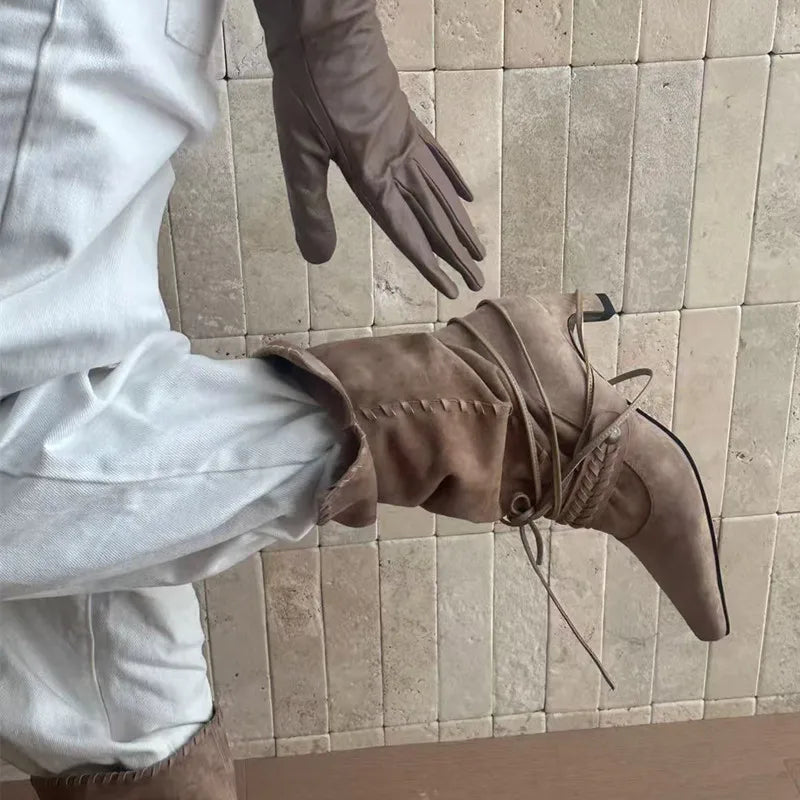 Faux Suede Weave Lace-up Motorcycle Boots High heels Chelsea Western Mid-Calf Short Booties Shoes