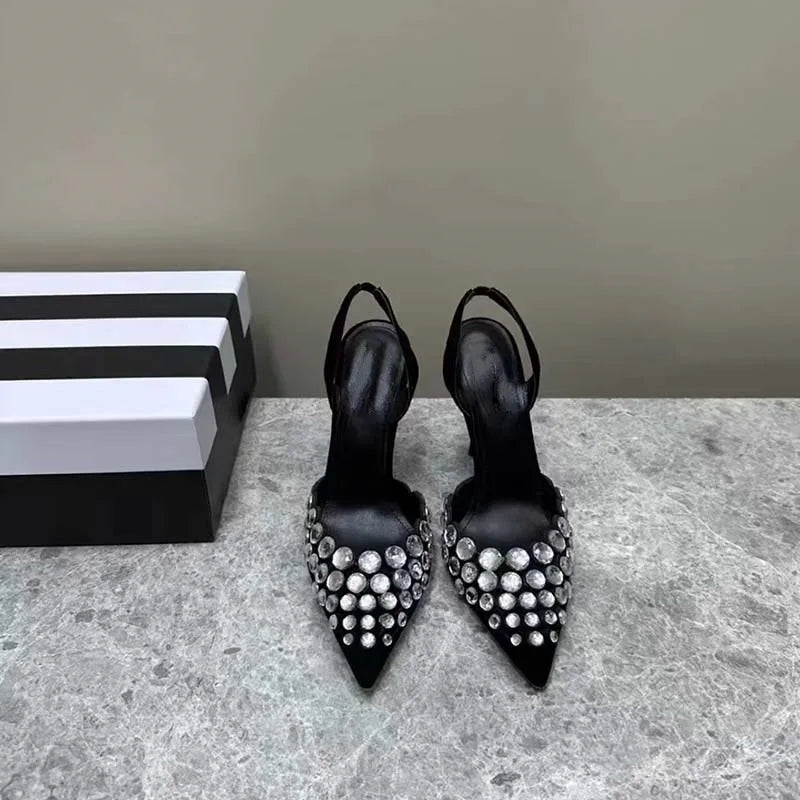 Super Beautiful Rhinestone Shallow Stiletto Pointed Shoes Roman Cut-out High Heeled Sandals