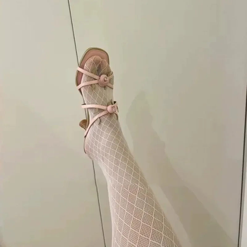 Flower Heavy Industry Beautiful Slippers Open Square Toe Premium Sandals French Style Low Stiletto High Heels Shoes