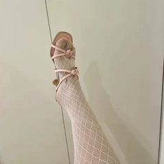 Flower Heavy Industry Beautiful Slippers Open Square Toe Premium Sandals French Style Low Stiletto High Heels Shoes