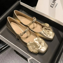 Chunky Heel Flower Mary Jane Shoes Fashions Low Heels Shoes Square Toe Elegant Ballet Shoe Pumps