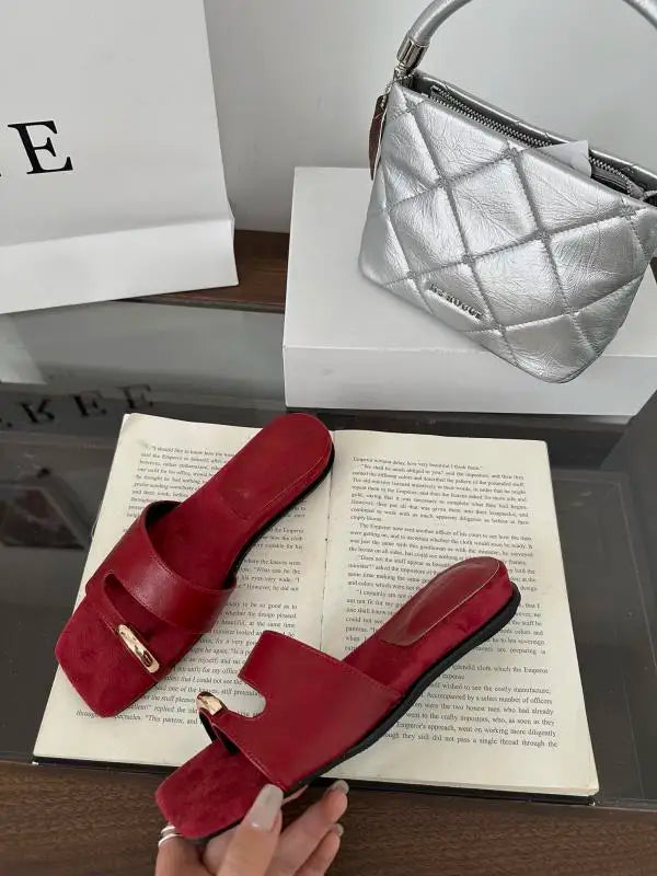 Shoes Woman Slippers Square Toe Slides Rivet Pantofle Flat Rivet Shoes Slippers Pan