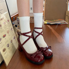 Red Mary Jane Thick High Heels Shoes Lolita Square Toe Shoes Party Leather