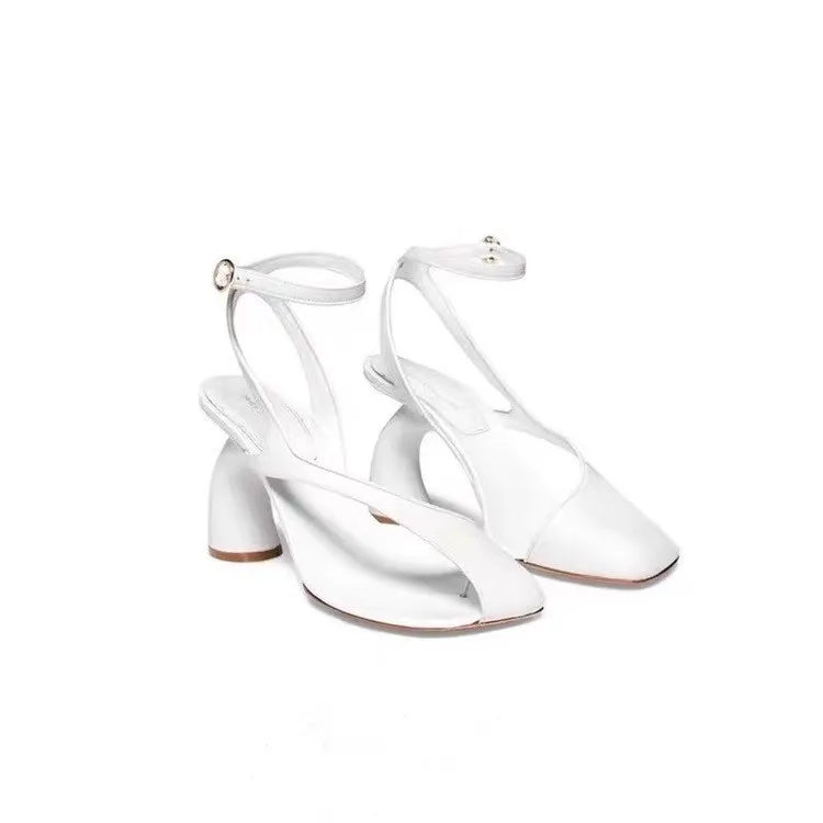 Leather Sandals Square Toe Ankle Strap Chunky Heel Elegant Party Evening