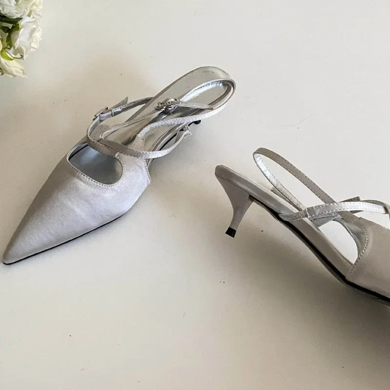 Silk High Heeled Sandals Narrow Band Shallow Low Heel Office Shoes Pointed Toe Pumps Brand Slingback