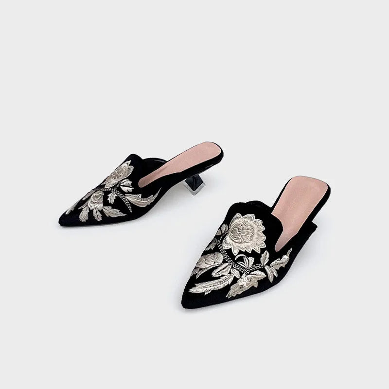 Embroidery Velour Shoes Woman Strange Heel Slippers Design Mules Femme Pointed Toe Wedges Tacones Slides Slip On Pantuflas Mujer