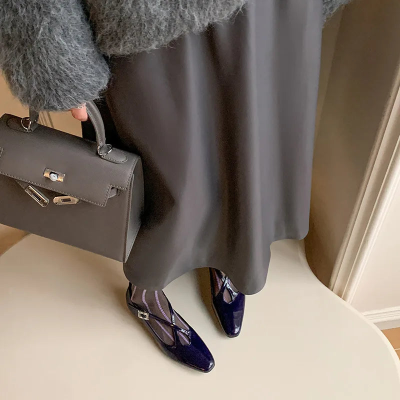 Retro Round Toe Cross Water Diamond With Casual Coarse Heel Mary Jane Shoes French Single Shoes