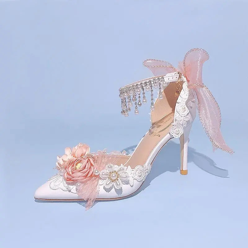 Lolita Brode Shoes Pearl Rhinestone Pink High Heels