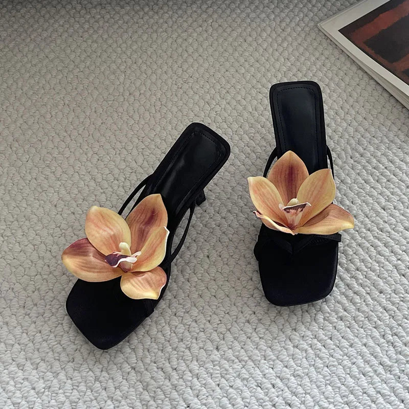 Flower Thin Heels Pumps Slides Shoes Flip flops Square Toe Heeled Sandals Shoes Big Size 43