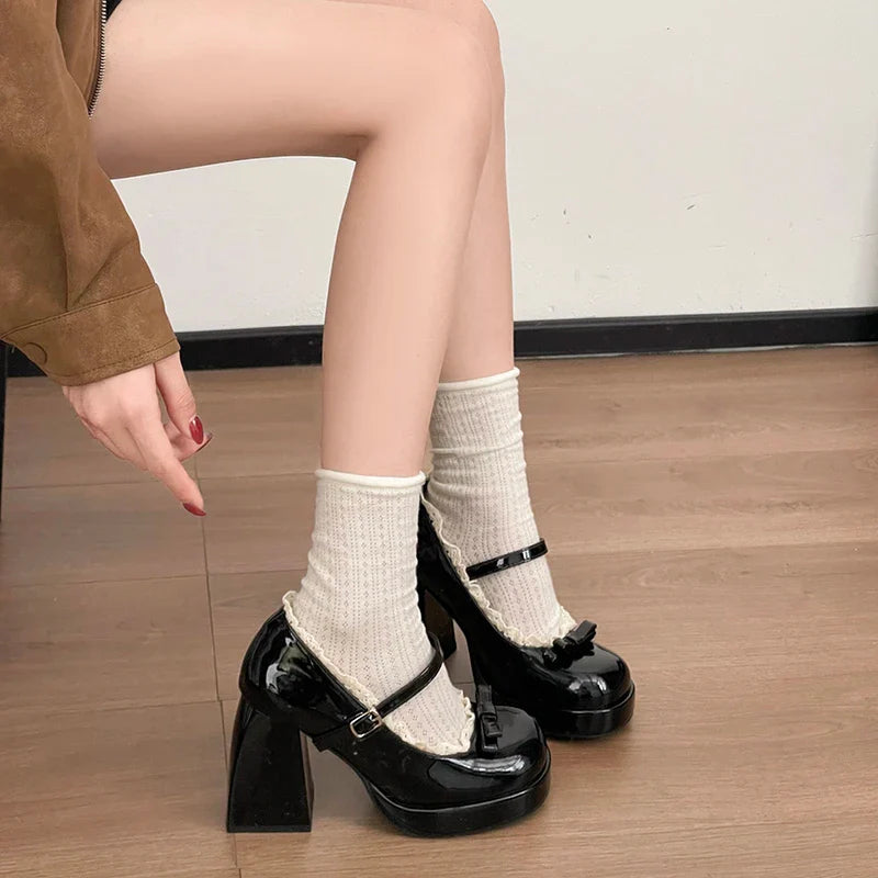 Platform High Heel Mary Jane Shoes Butterfly-knot Lace Shoes 2026 Wedding Party Shoes
